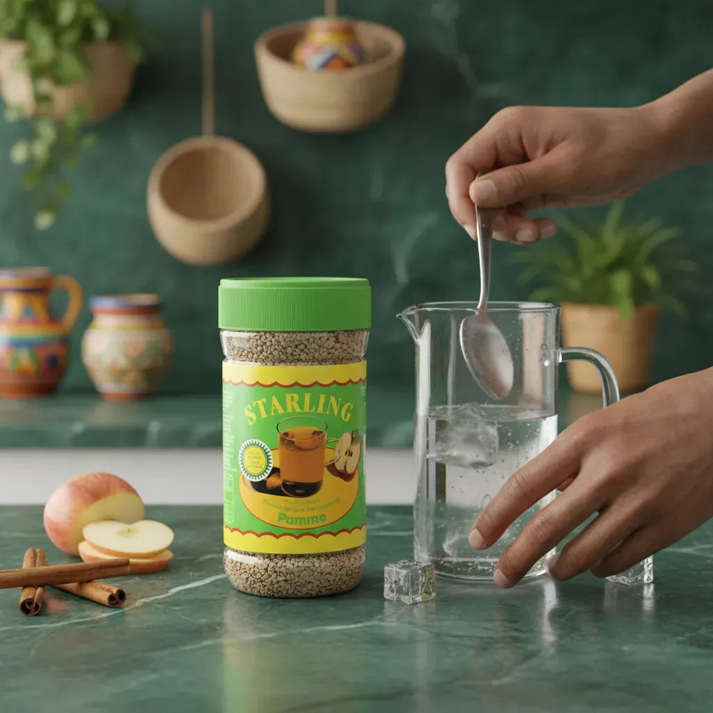 Préparation du thé à la pomme STARLING avec eau chaude, pot visible sur plan de travail cuisine, ambiance chaleureuse.